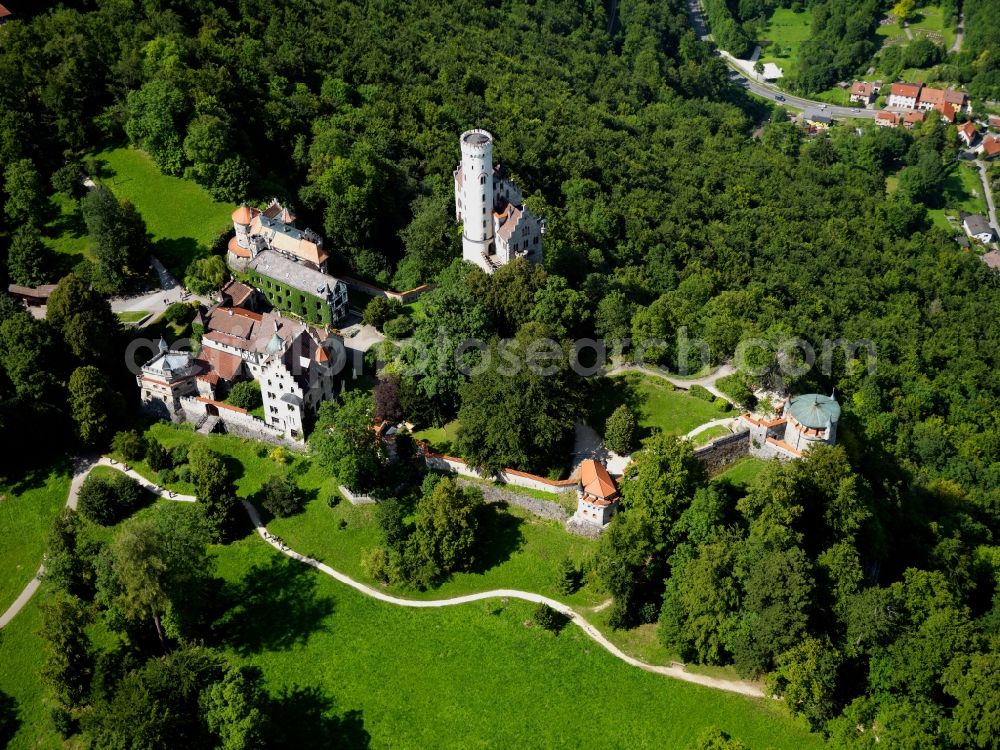 Aerial image Lichtenstein - Lichtenstein Castle in the district of Lichtenstein in the state of Baden-Württemberg. The castle, also called a fairy tale castle, was built in the 19th century in the historism style. It is located on a rock overlooking the Echaz Valley. The castle is open for visitors and was copied in various other locations