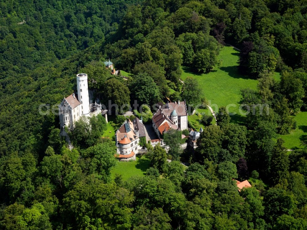 Lichtenstein from above - Lichtenstein Castle in the district of Lichtenstein in the state of Baden-Württemberg. The castle, also called a fairy tale castle, was built in the 19th century in the historism style. It is located on a rock overlooking the Echaz Valley. The castle is open for visitors and was copied in various other locations