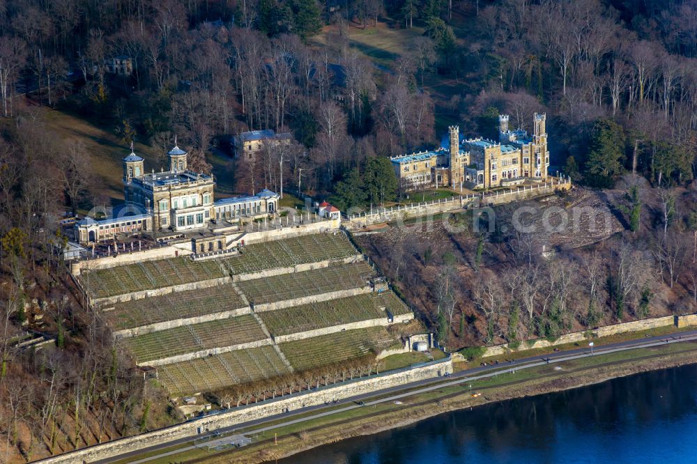 Dresden from the bird's eye view: Elbe castles - building complex built on the terraced slope of the Elbe in the castle park of the Lingnerschloss castle in the Loschwitz district of Dresden in the state of Saxony, Germany