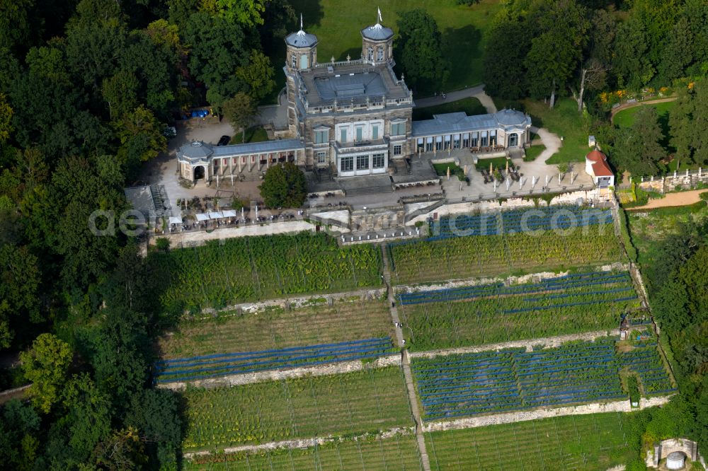 Dresden from above - Elbe castles - building complex built on the terraced slope of the Elbe in the castle park of the Lingnerschloss castle in the Loschwitz district of Dresden in the state of Saxony, Germany