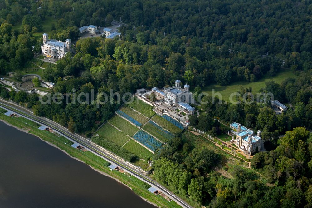 Aerial image Dresden - Elbe castles - building complex built on the terraced slope of the Elbe in the castle park of the Lingnerschloss castle in the Loschwitz district of Dresden in the state of Saxony, Germany