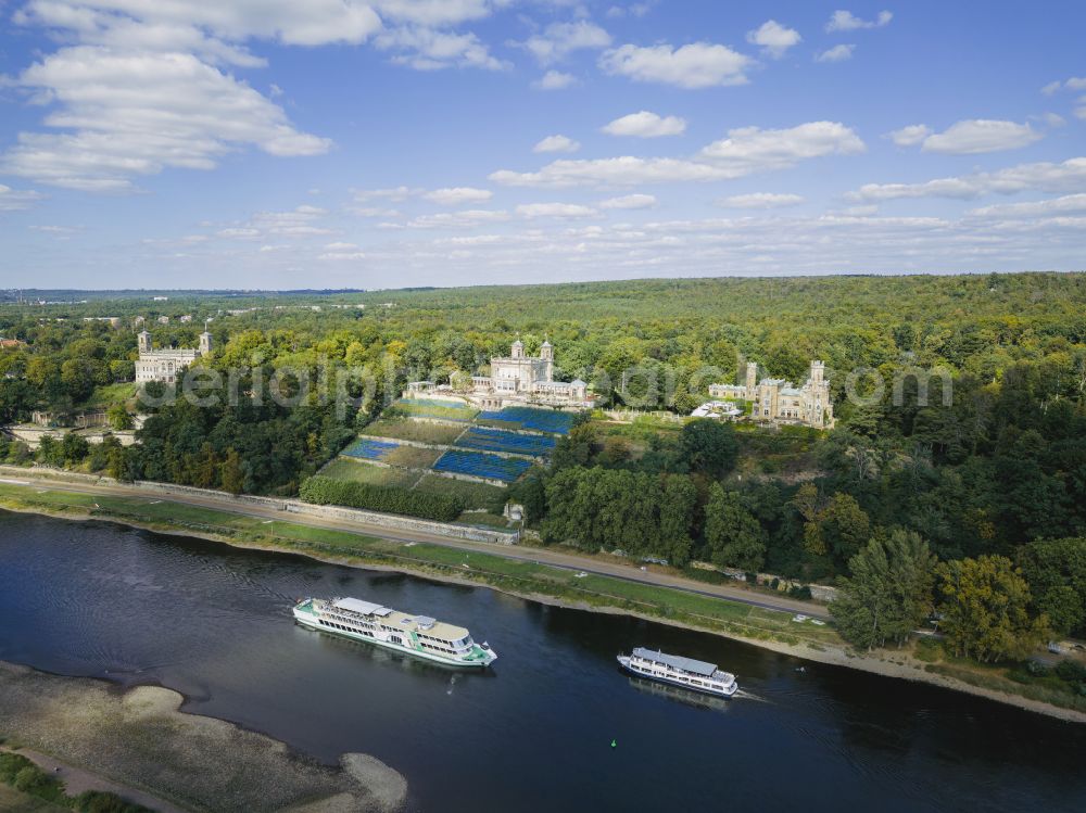 Dresden from above - Elbe castles - building complex built on the terraced slope of the Elbe in the castle park of the Lingnerschloss castle in the Loschwitz district of Dresden in the state of Saxony, Germany