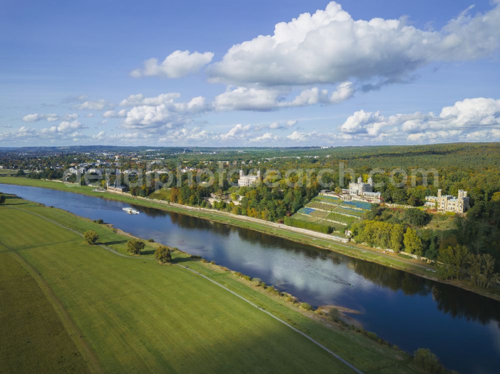 Dresden from the bird's eye view: Elbe castles - building complex built on the terraced slope of the Elbe in the castle park of the Lingnerschloss castle in the Loschwitz district of Dresden in the state of Saxony, Germany