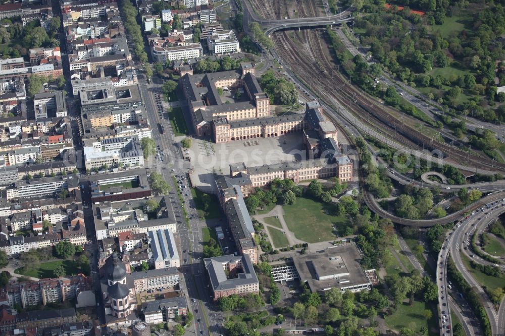 Mannheim from above - Mannheim Palace in Baden-Württemberg. Mannheim Castle was built in the Baroque style during the reign of the Elector Karl Philipp and Karl Theodor in three construction periods