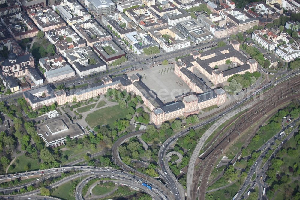 Mannheim from above - Mannheim Palace in Baden-Württemberg. Mannheim Castle was built in the Baroque style during the reign of the Elector Karl Philipp and Karl Theodor in three construction periods