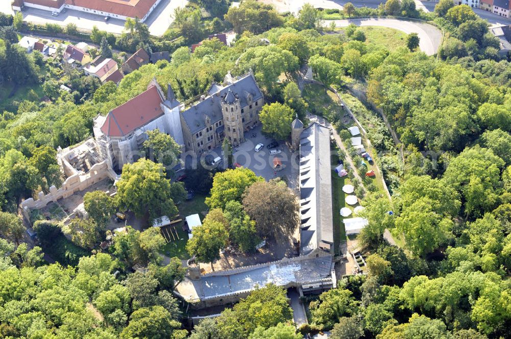 Mansfeld from above - Die, im Zustand der Sanierung befindliche, Burg Mansfeld in Mansfeld, Sachsen-Anhalt. Seit 1999 ist das Schloss Eigentum des Fördervereins Schloss Mansfeld e.V. und ist heute eine christliche Jugendbildungs- und Begegnungsstätte. Castle Mansfeld in the state of renovation in Mansfeld, Saxony-Anhalt. Since 1999 the castle is property of the society Förderverein Schloss Mansfeld e.V. and today it is a christian youth educational and community center.