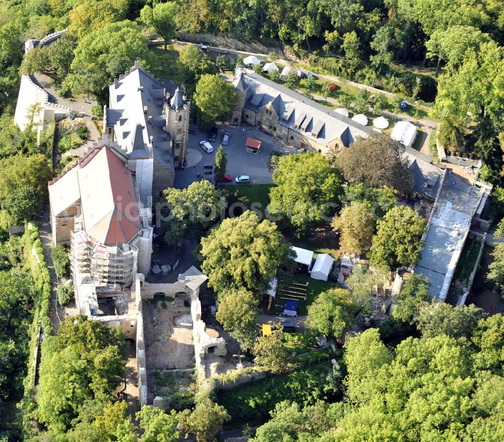 Mansfeld from above - Die, im Zustand der Sanierung befindliche, Burg Mansfeld in Mansfeld, Sachsen-Anhalt. Seit 1999 ist das Schloss Eigentum des Fördervereins Schloss Mansfeld e.V. und ist heute eine christliche Jugendbildungs- und Begegnungsstätte. Castle Mansfeld in the state of renovation in Mansfeld, Saxony-Anhalt. Since 1999 the castle is property of the society Förderverein Schloss Mansfeld e.V. and today it is a christian youth educational and community center.