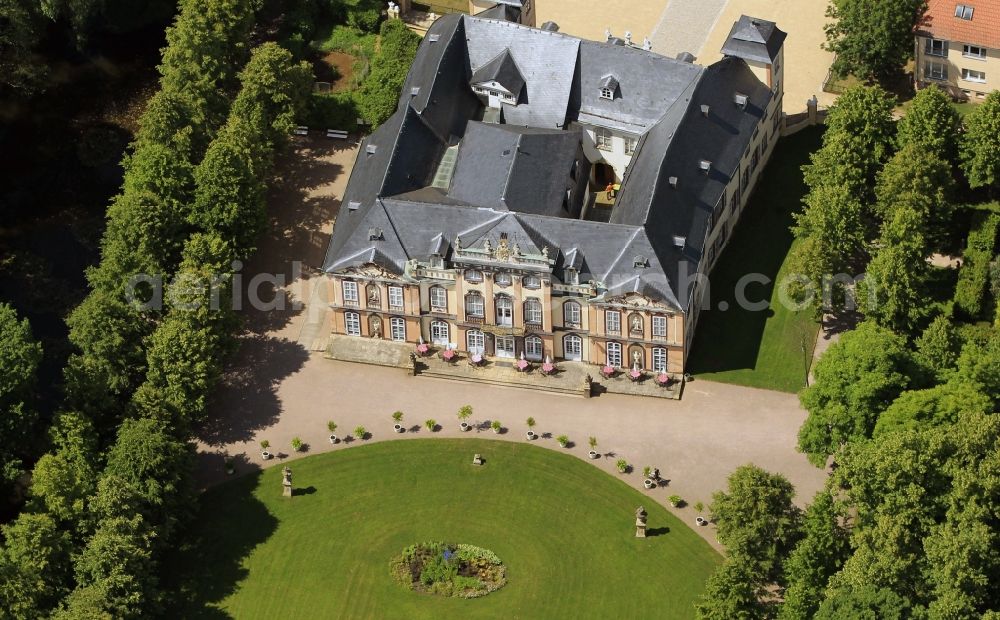 Erfurt OT Molsdorf from above - View of the Baroque building of the castle Schloss Molsdorf and the surrounding palace gardens at Schloßplatz in Molsdorf a district of Erfurt in the state of Thuringia