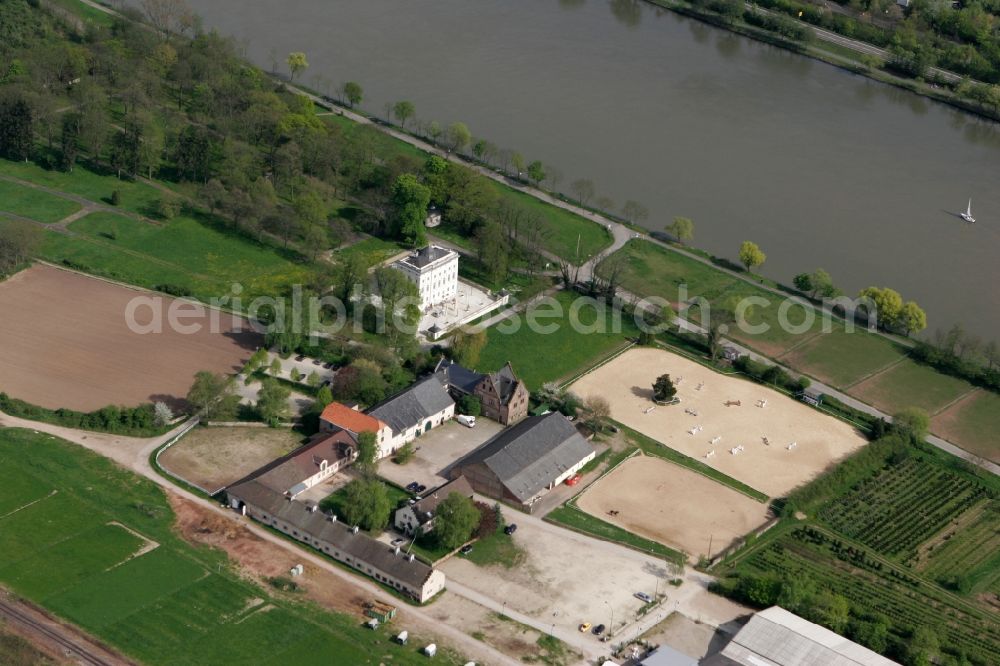 Trier from above - Castle Monaise with estate. The estate serving as a stable and riding facility. The property is located directly on the Mosel in the district of Euren in Trier in Rhineland-Palatinate