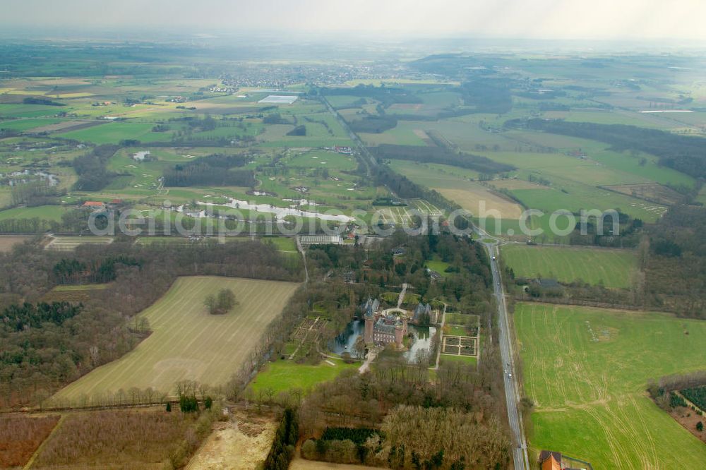 Aerial image Bedburg-Hau - View Moyland, a surge in Bedburg-Hau in the district of Kleve, which is among the most important Gothic buildings in North Rhine-Westphalia. Moyland houses a museum's extensive collection of modern art of the brothers van der Grinten and is a popular destination on the Lower Rhine