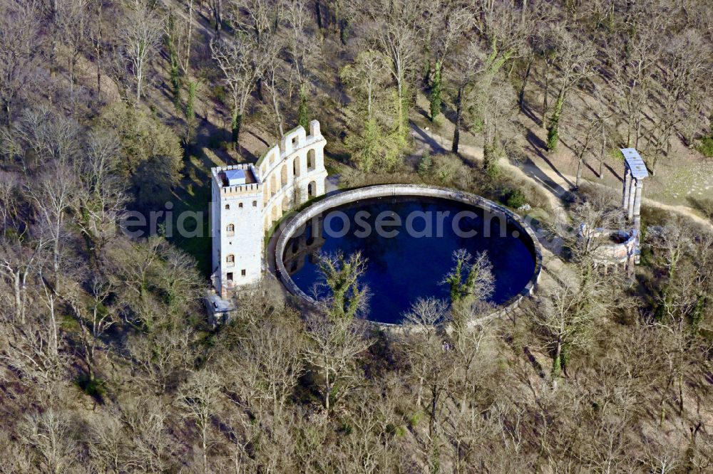 Potsdam from above - Building complex in the park of the castle Normannischer Turm on Ruinenberg in Potsdam in the state Brandenburg, Germany