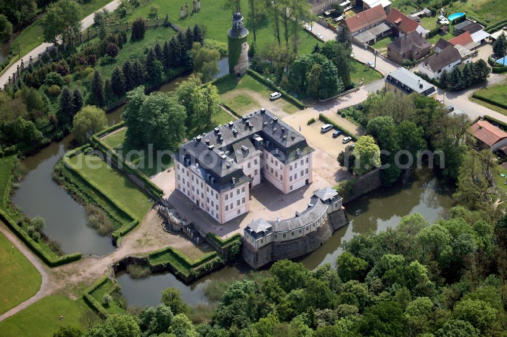 Aerial image Oppurg - Castle Oppurg in Oppurg in the state of Thuringia. The baroque water castle is located in the North of the town and consists of three wings. On site, there is a water moat, a coach depot, a tower and an english-style garden