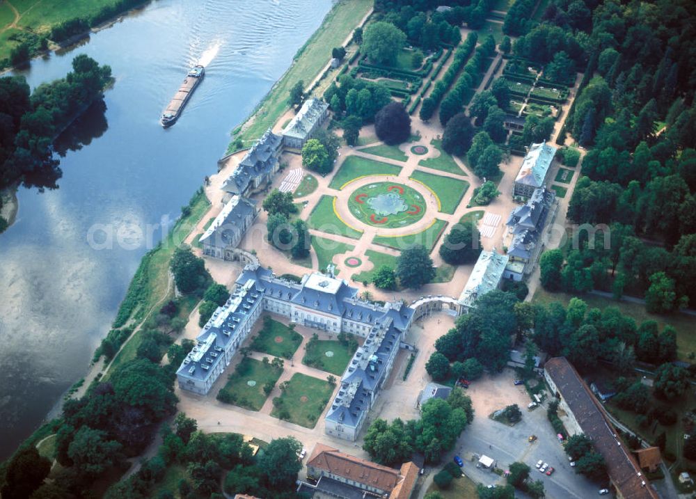 Dresden Pillnitz from the bird's eye view: Schloß Pillnitz an der Elbe im gleichnamigen Stadtteil Pilnitz in Sachsen. Schloss Pillnitz a palace at the Elbe river in Saxony.