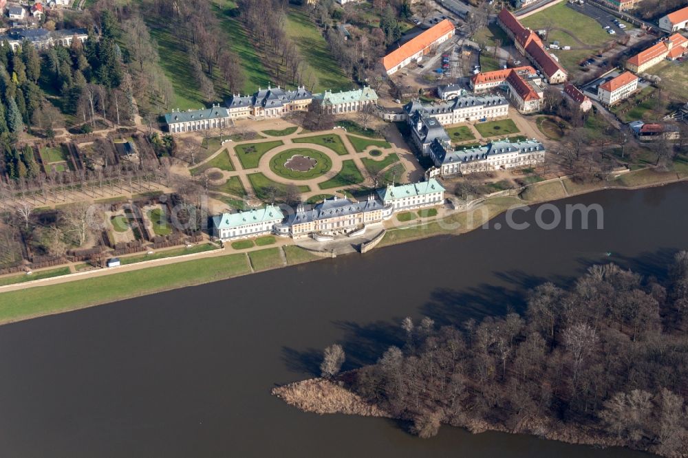 Dresden from the bird's eye view: View of the buildings and the area of Pillnitz Castle on the Elbe in Dresden in the state Saxony. It is located in the district Pillnitz with the adjacent castle garden