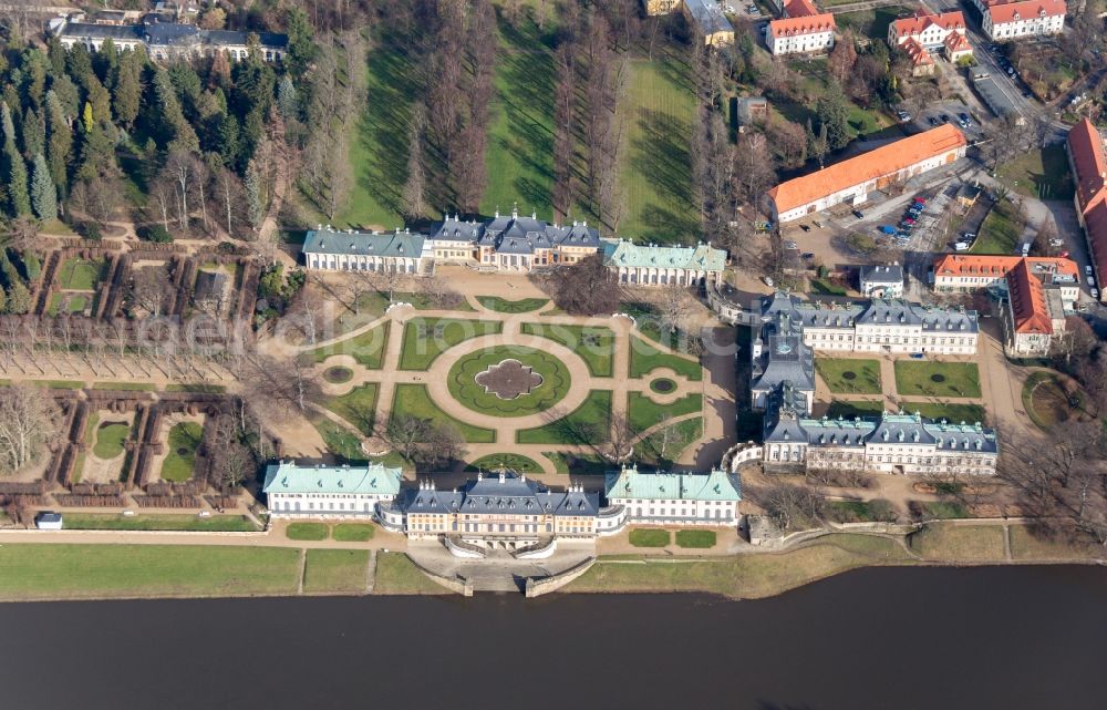 Dresden from above - View of the buildings and the area of Pillnitz Castle on the Elbe in Dresden in the state Saxony. It is located in the district Pillnitz with the adjacent castle garden