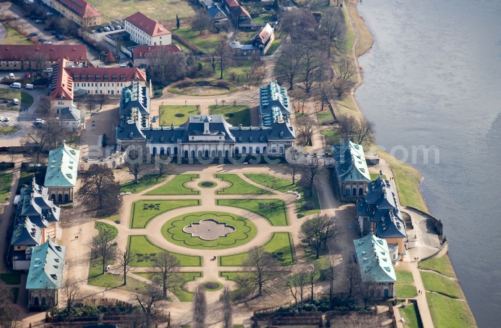 Aerial photograph Dresden - View of the buildings and the area of Pillnitz Castle on the Elbe in Dresden in the state Saxony. It is located in the district Pillnitz with the adjacent castle garden