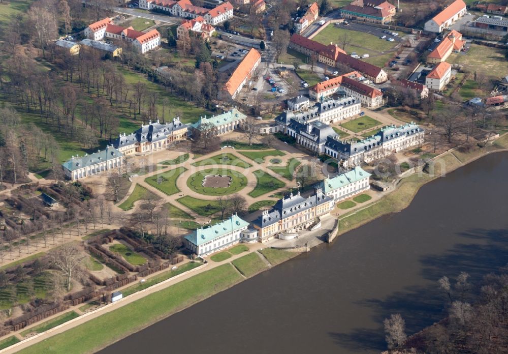 Aerial image Dresden - View of the buildings and the area of Pillnitz Castle on the Elbe in Dresden in the state Saxony. It is located in the district Pillnitz with the adjacent castle garden