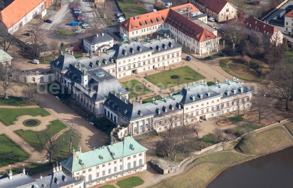 Dresden from above - View of the buildings and the area of Pillnitz Castle on the Elbe in Dresden in the state Saxony. It is located in the district Pillnitz with the adjacent castle garden