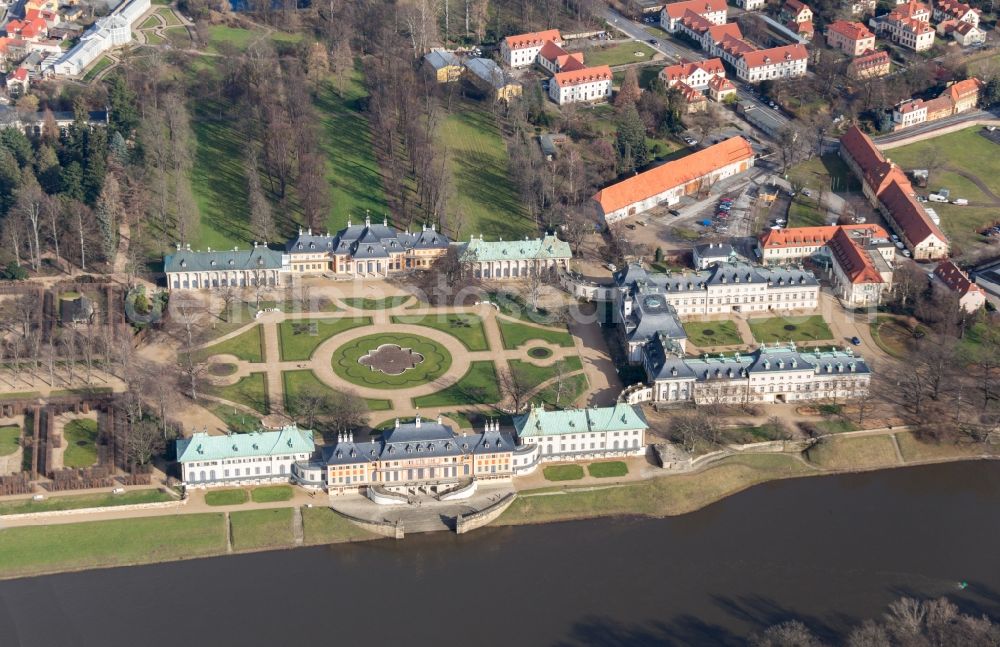 Dresden from the bird's eye view: View of the buildings and the area of Pillnitz Castle on the Elbe in Dresden in the state Saxony. It is located in the district Pillnitz with the adjacent castle garden