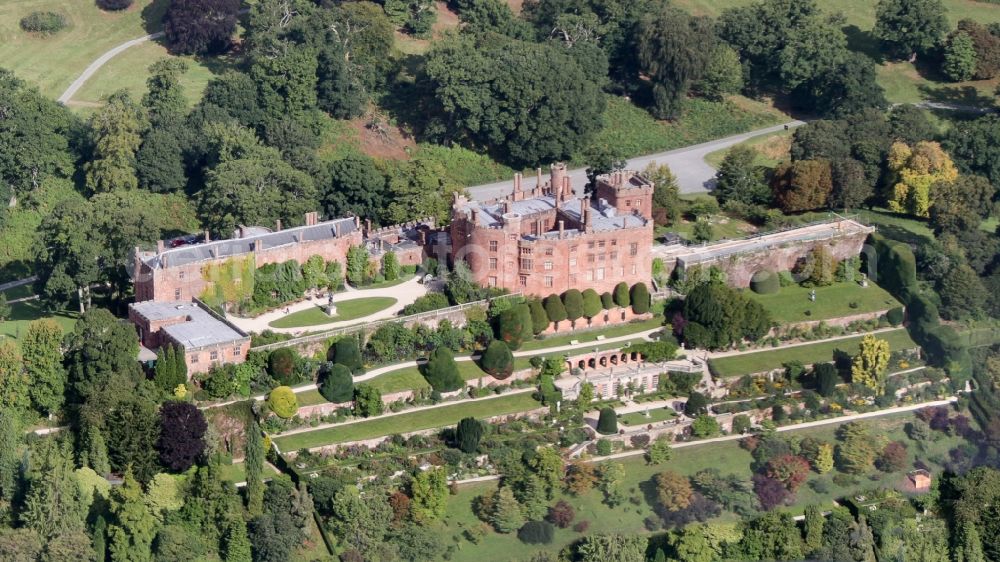 Welshpool from above - Powis Castle in Welshpool in Wales, United Kingdom. Powis Castle (Welsh: Castell Powis) is located above the River Severn near the town of Welshpool, in Powys, Wales. The medieval castle is the National Trust since 1952 in possession. It is one of the best preserved in Wales and known for its baroque gardens