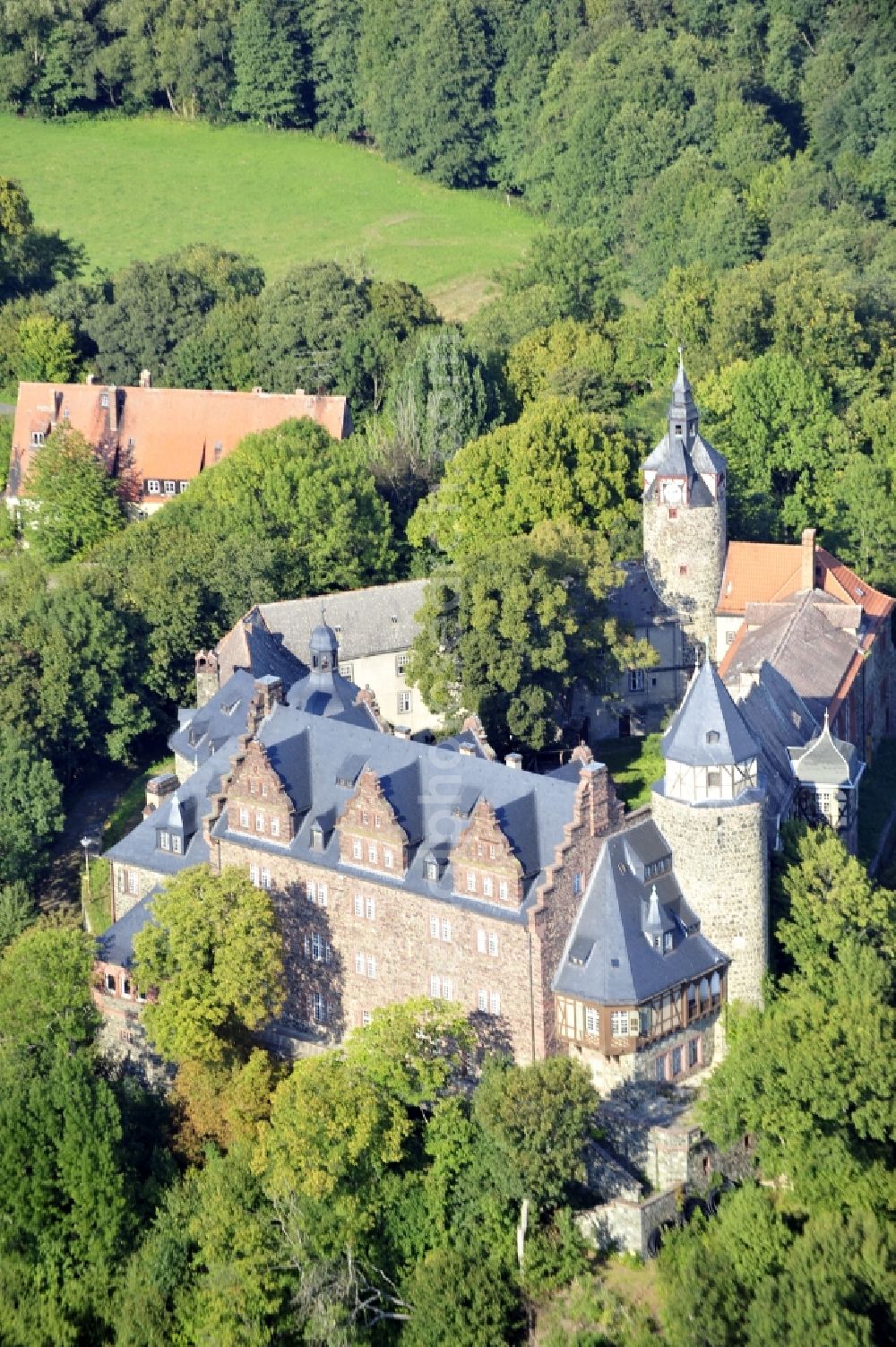 Mansfeld from above - Castle of Schloss Rammelburg in Mansfeld in the state Saxony-Anhalt