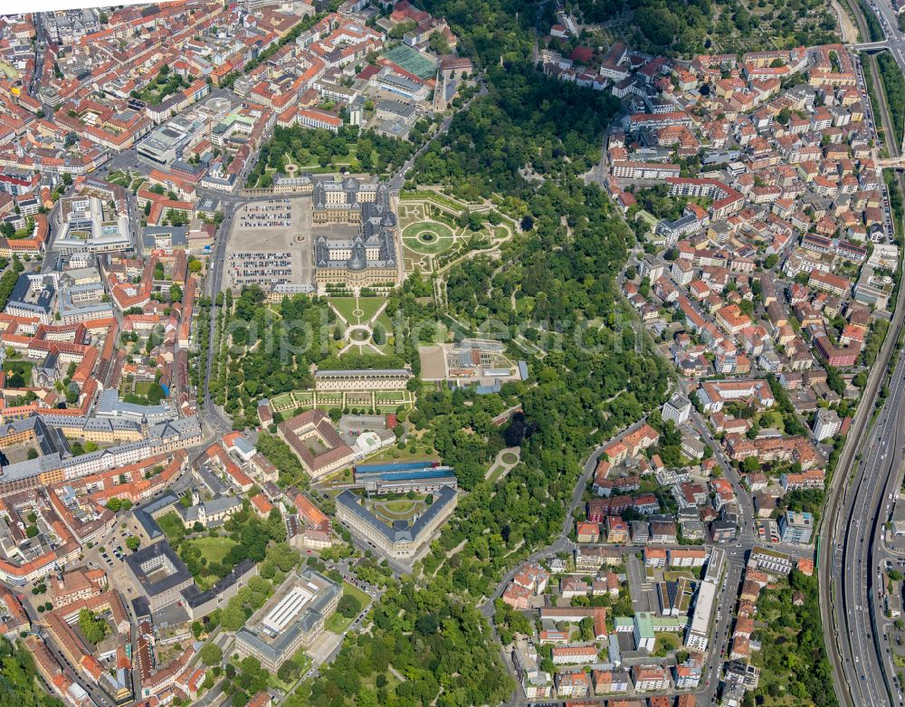 Aerial image Würzburg - Building complex in the park of the castle Residenz Wuerzburg in the district Altstadt in Wuerzburg in the state Bavaria, Germany