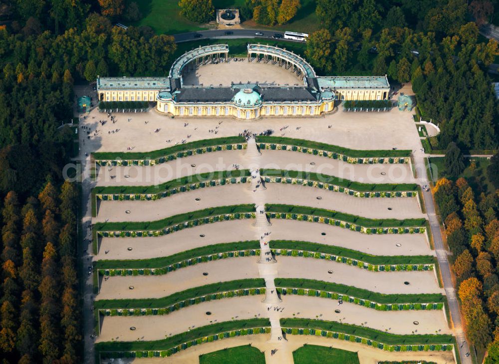 Potsdam from the bird's eye view: Schloss Sanssouci mit den Weinbergterrassen als Teil der Parkanlage in Potsdam-Bornstedt. Das Schloß und der Schlosspark gehört zum Weltkulturerbe der UNESCO. The UNESCO World Cultural Heritage Sanssouci Palace and the park in Potsdam-Bornstedt.