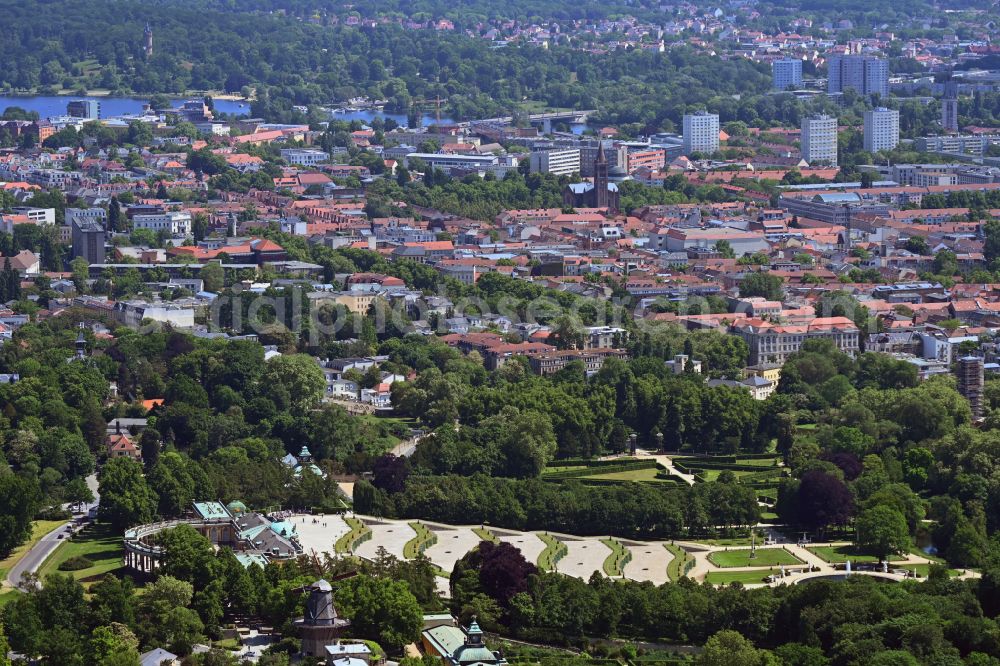 Potsdam from the bird's eye view: Sanssouci Palace in Potsdam in Brandenburg. The Sanssouci Palace in the eastern part of the park of the same name is one of the most famous castles of Hohenzollern. The palaces and gardens are world heritage and under UNESCO protection