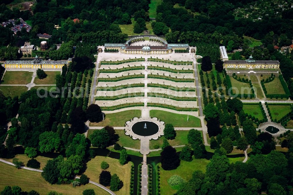 Aerial photograph Potsdam - Sanssouci Palace with the vineyard terraces in Potsdam in Brandenburg. The Sanssouci Palace in the eastern part of the park of the same name is one of the most famous castles of Hohenzollern. The palaces and gardens are world heritage and under UNESCO protection