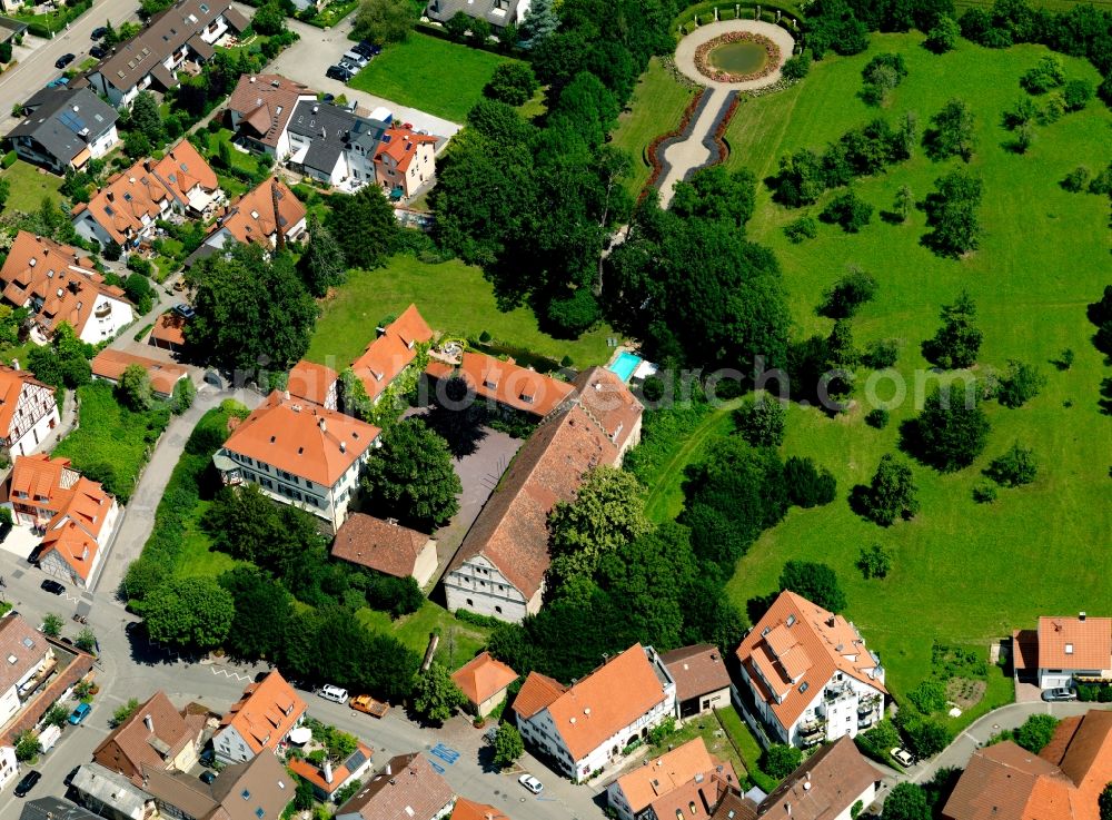 Ditzingen from above - Schöckingen Castle in the Schöckingen part of Ditzingen in the state of Baden-Württemberg. The fortress like castle lies in the historic city centre of Schöckingen. It consists of the New Castle and the Back Castle. Adjacent to it is a large park with small ponds and a fountain