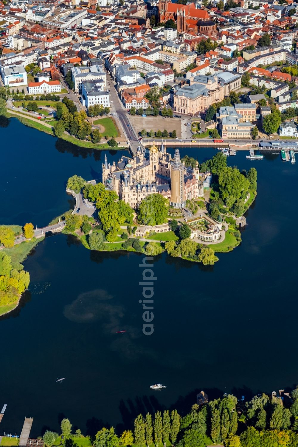 Schwerin from above - Castle with castle Park and Castle lake in Schwerin in the federal state Mecklenburg-West Pomerania. The Schweriner castle is a seat of the Landtag in Meck-Pom