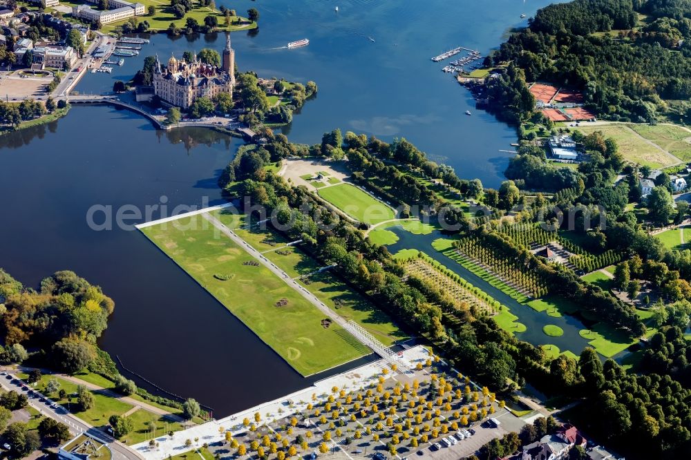 Schwerin from above - Castle with castle Park and Castle lake in Schwerin in the federal state Mecklenburg-West Pomerania. The Schweriner castle is a seat of the Landtag in Meck-Pom