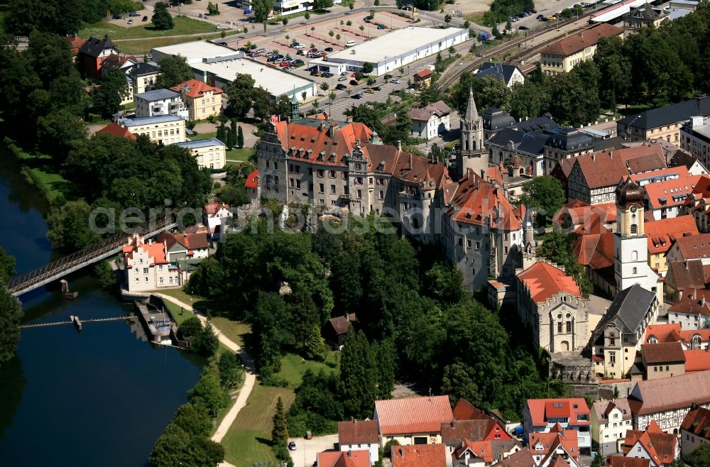 Sigmaringen from above - Sigmaringen Castle, also Hohenzollern castle, now headquarters of the princes of Hohenzollern Sigmaringen in Baden-Württemberg