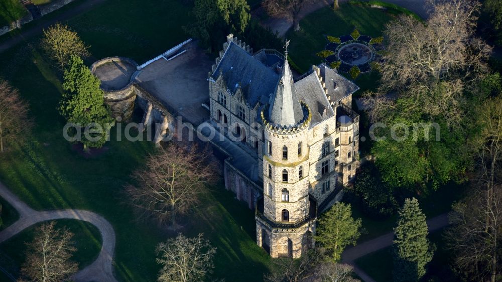 Sinzig from above - Sinzig Castle in Sinzig in the state Rhineland-Palatinate, Germany. It is used by the city of Sinzig for representation purposes and houses the local history museum and the city archive. The registry office's wedding room is located in the castle