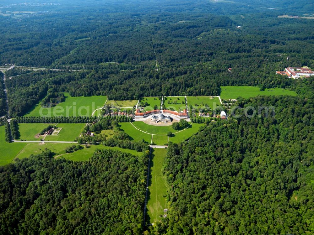 Stuttgart from the bird's eye view: Solitude Palace in the West part of Stuttgart in the state of Baden-Württemberg. It was built in the 18th century as a hunting cottage and representational castle. Today it is open for visitors and is home to the Academy Schloss Solitude as well as the Graevenitz museum