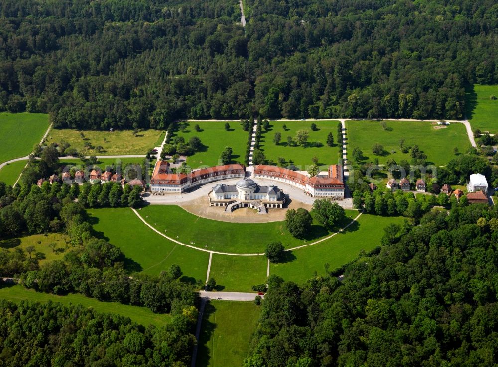 Stuttgart from the bird's eye view: Solitude Palace in the West part of Stuttgart in the state of Baden-Württemberg. It was built in the 18th century as a hunting cottage and representational castle. Today it is open for visitors and is home to the Academy Schloss Solitude as well as the Graevenitz museum