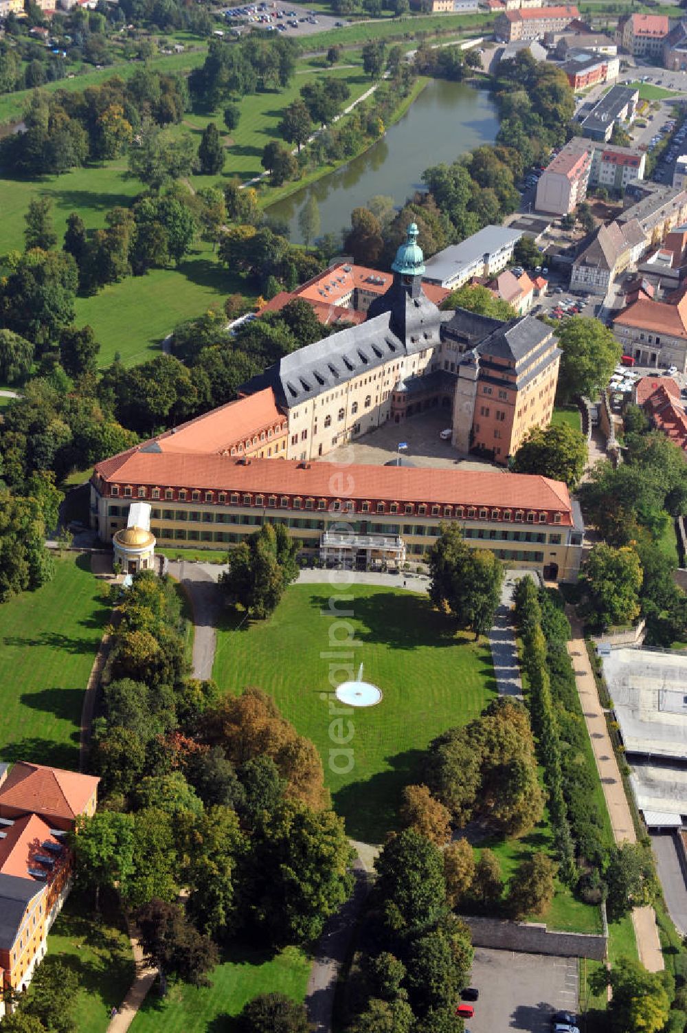 Sondershausen from above - From an architectural and art historical point of view Sondershausen Palace can be considered as one of the most important palace complexes in Thuringia. It is an irregular four-wing complex