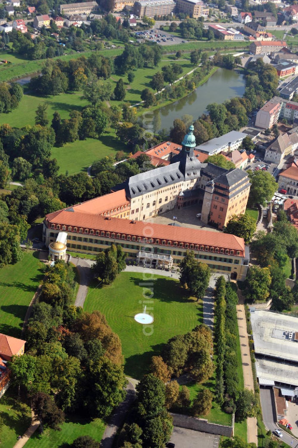 Sondershausen from the bird's eye view: From an architectural and art historical point of view Sondershausen Palace can be considered as one of the most important palace complexes in Thuringia. It is an irregular four-wing complex