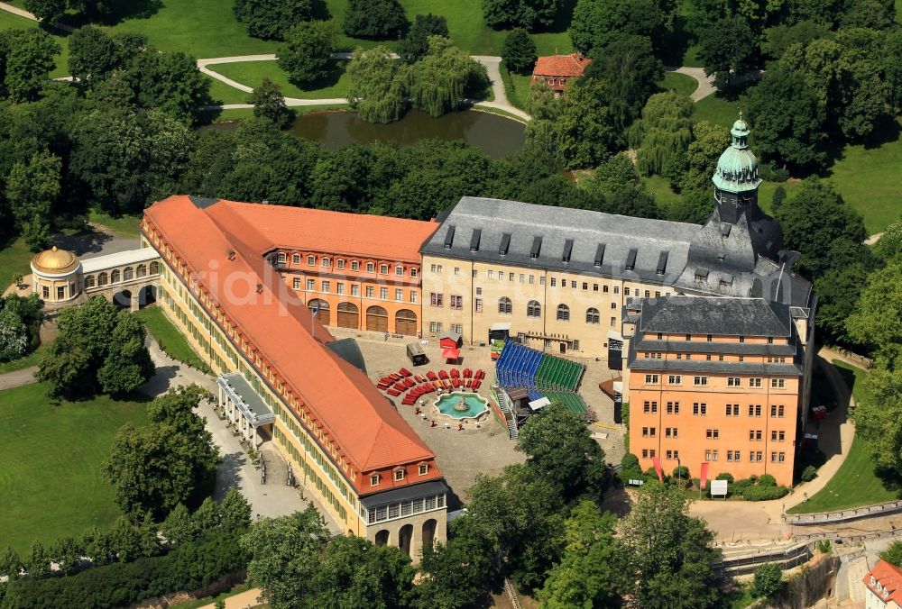 Sondershausen from above - The Sondershausen Castle in Thuringia is at the center of the city near the Lohpark. The sight in the neo-classical style was once the residence of the princes of Schwarzburg-Sondershausen. Today the castle is used as a palace and city museum and part of the Thuringian Foundation of Palaces and Gardens