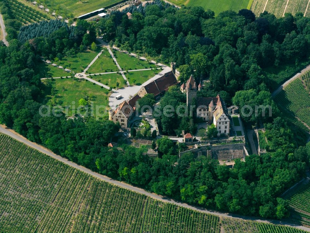 Aerial photograph Brackenheim - Stocksberg Castle in the Stockheim part of Brackenheim in the state of Baden-Württemberg. The castle is located on the Stocksberg mountain, which consists of a square plateau. The main building and the 30 meter tower are on the plateau, next to some smaller buildings and a park like garden