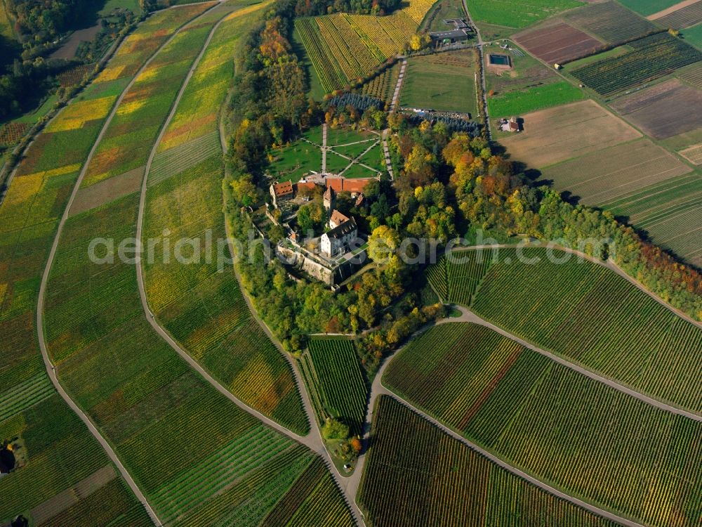 Aerial image Brackenheim - Stocksberg Castle in the Stockheim part of Brackenheim in the state of Baden-Württemberg. The castle is located on the Stocksberg mountain, which consists of a square plateau. The main building and the 30 meter tower are on the plateau, next to some smaller buildings and a park like garden