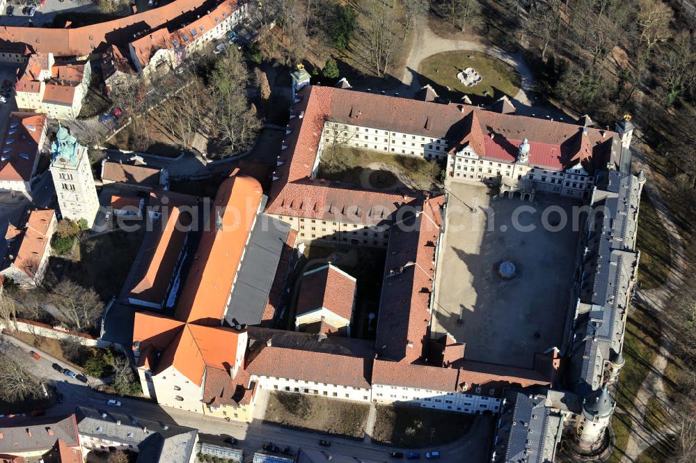 Regensburg from above - Ein Teil des ehemaligen Benediktiner-Reichsstift St. Emmeram mit Kirche und Glockenturm. Heute ist es das Schloss Thurn und Taxis-St. Emmeram am Sankt-Peters-Weg in Regensburg in Bayern. A part of the former Benedictine imperial abbey St. Emmeram. Now it is the castle Thurn und Taxis-St. Emmeram at the street Sankt-Peters-Weg in Regensburg in Bavaria.