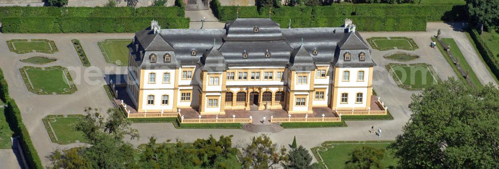 Würzburg from above - Blick auf das Schloss Veitshöchheim bei Würzburg. Es ist die ehemalige Sommerresidenz der Fürstbischöfe von Würzburg, später der Könige von Bayern. Besonders bekannt ist die Schlossanlage für den umgebenden Rokokogarten. View of the Castle Veitshöchheim in Würzburg. It is the former summer residence of the prince bishops of Würzburg and later the kings of Bavaria. Particularly well known is the palace for the surrounding rococo garden.