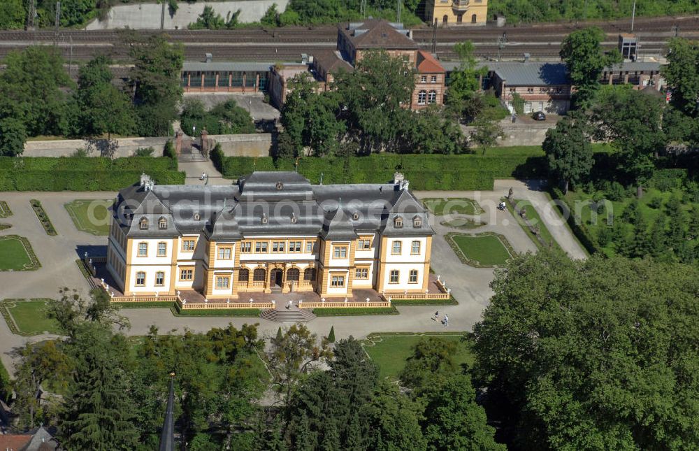 Würzburg from the bird's eye view: Blick auf das Schloss Veitshöchheim bei Würzburg. Es ist die ehemalige Sommerresidenz der Fürstbischöfe von Würzburg, später der Könige von Bayern. Besonders bekannt ist die Schlossanlage für den umgebenden Rokokogarten. View of the Castle Veitshöchheim in Würzburg. It is the former summer residence of the prince bishops of Würzburg and later the kings of Bavaria. Particularly well known is the palace for the surrounding rococo garden.