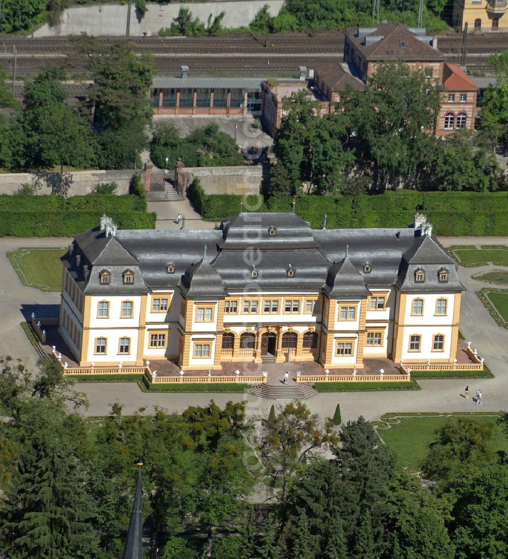 Aerial image Würzburg - Blick auf das Schloss Veitshöchheim bei Würzburg. Es ist die ehemalige Sommerresidenz der Fürstbischöfe von Würzburg, später der Könige von Bayern. Besonders bekannt ist die Schlossanlage für den umgebenden Rokokogarten. View of the Castle Veitshöchheim in Würzburg. It is the former summer residence of the prince bishops of Würzburg and later the kings of Bavaria. Particularly well known is the palace for the surrounding rococo garden.