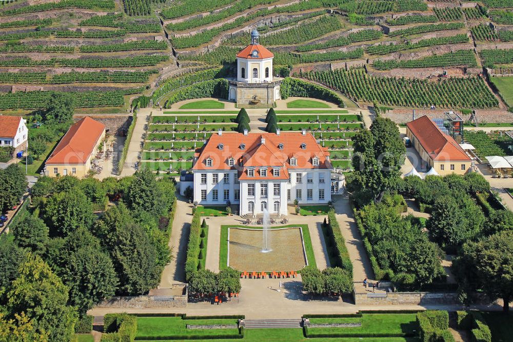 Aerial photograph Radebeul - Das von Weinbergen umgebene Schloß / Schloss Wackerbarth, auch Wackerbarths Ruh, im Stadtteil Niederlößnitz in Radebeul, Sachsen. Castle Wackerbarth in Radebeul, Saxony.