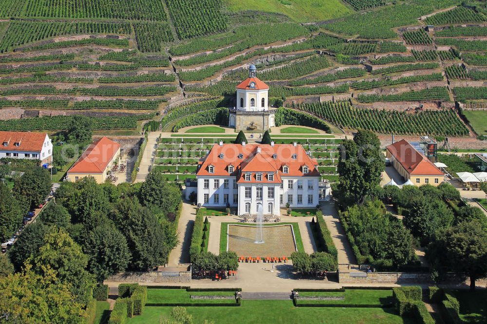 Radebeul from above - Das von Weinbergen umgebene Schloß / Schloss Wackerbarth, auch Wackerbarths Ruh, im Stadtteil Niederlößnitz in Radebeul, Sachsen. Castle Wackerbarth in Radebeul, Saxony.