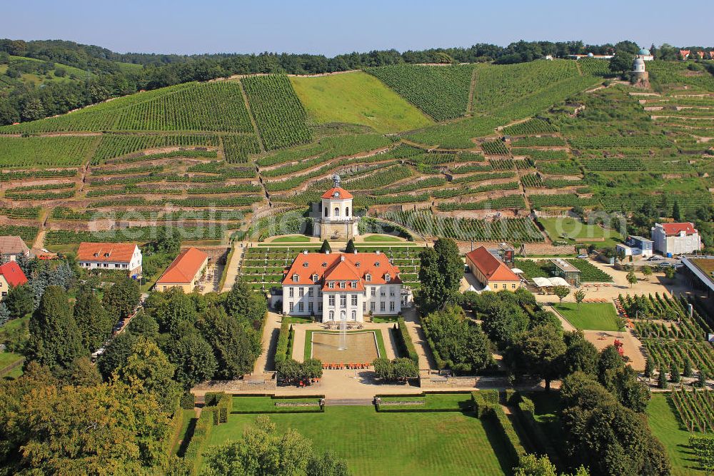 Aerial image Radebeul - Das von Weinbergen umgebene Schloß / Schloss Wackerbarth, auch Wackerbarths Ruh, im Stadtteil Niederlößnitz in Radebeul, Sachsen. Castle Wackerbarth in Radebeul, Saxony.