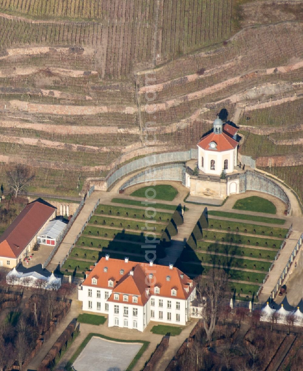 Radebeul from above - Castle Wackerbarth is a baroque castle surrounded by vineyards in the district Niederloessnitz by Radebeul. Chateau and vineyard are located in the historic reserve historic vineyard landscape Radebeul. Castle Wackerbarth Saxon heritage belongs to the castles of Saxony