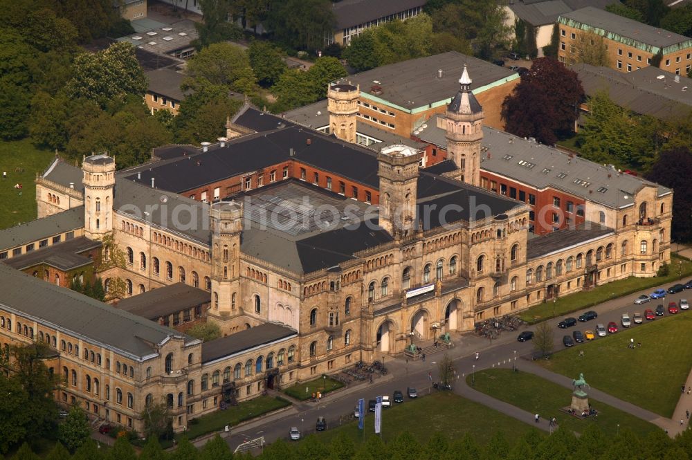 Hannover from above - Building of the Castle Main Building, now the seat of the Gottfried Wilhelm Leibniz University in Hanover. The Main Building is since 1879 the seat of the Gottfried Wilhelm Leibniz University Hannove in Lower Saxony